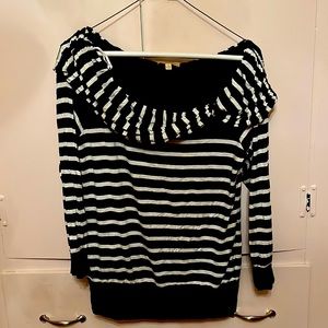 Anthropologie Bordeaux navy Blue and white striped top cowl neck spring top